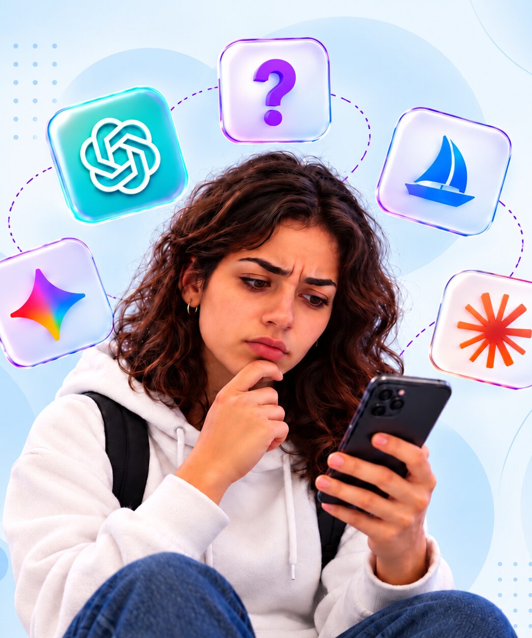 Ilustração de uma estudante com o celular, cercada por aplicativos de inteligência artificial genéricos, sem integração com a instituição