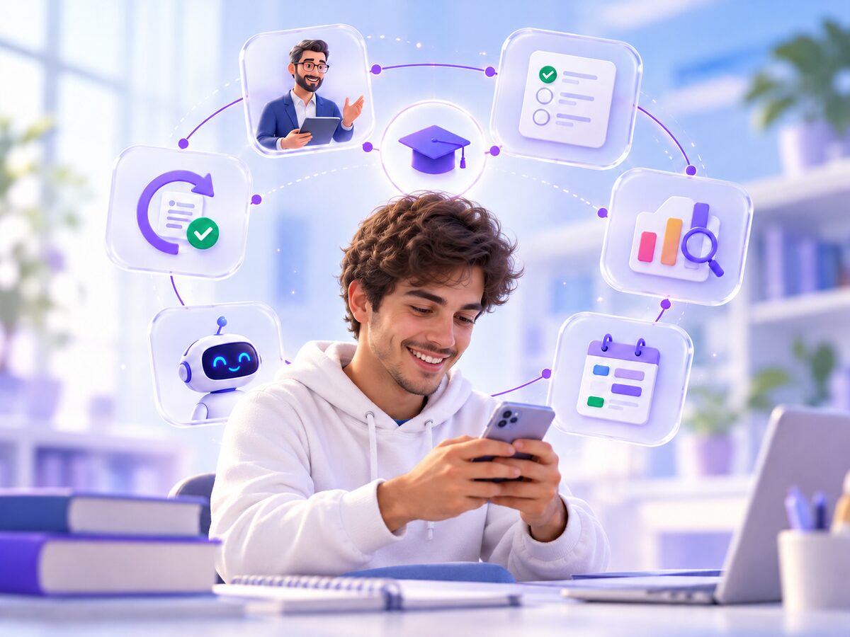 Estudante com o celular no centro do ciclo pedagógico: professor, microprova, diagnóstico, plano de estudo, tutor com inteligência artificial e reavaliação, em volta do símbolo de conclusão
