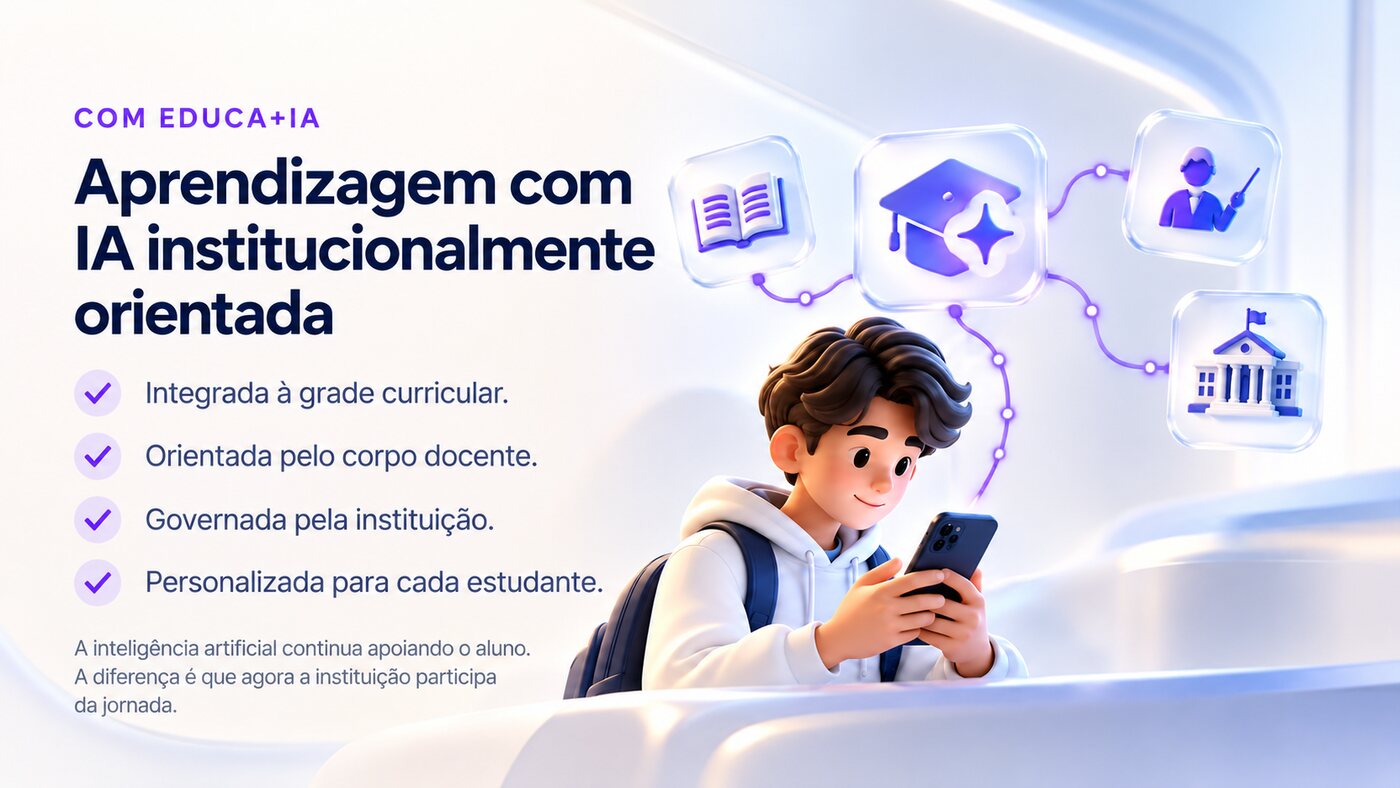 Com Educa+IA, aprendizagem com IA institucionalmente orientada: integrada à grade curricular, orientada pelo corpo docente, governada pela instituição e personalizada para cada estudante