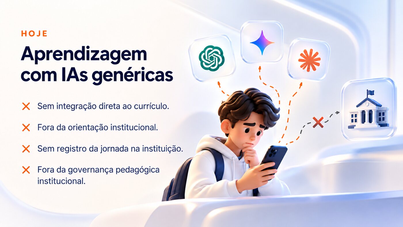 Hoje, aprendizagem com IAs genéricas: sem integração direta ao currículo, fora da orientação institucional, sem registro da jornada na instituição e fora da governança pedagógica institucional